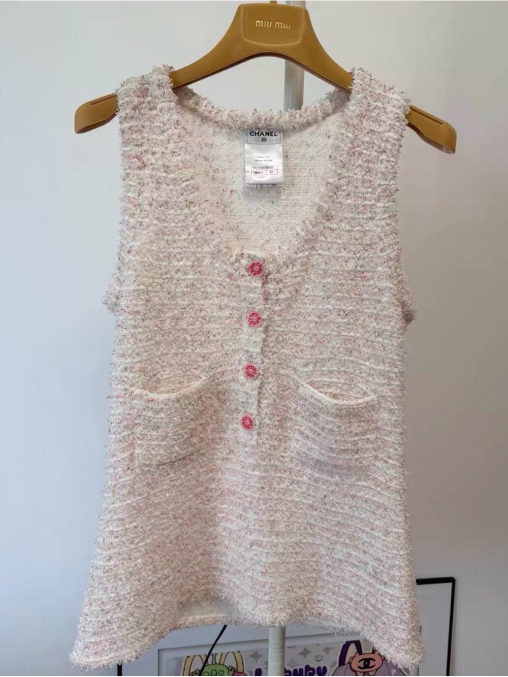 CHANEL Pink & Cream Bouclé Sleeveless Tunic with Signature Buttons